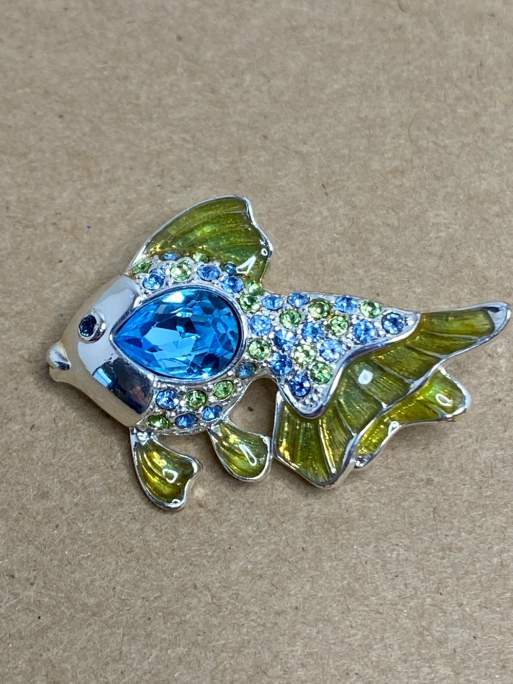 Vintage Monet Fish Brooch Blue Rhinestone Enamel Green Gold Tone Figural Signed